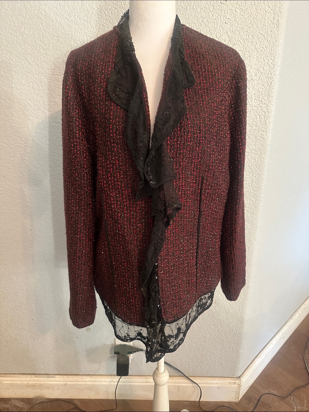 Burgundy and Black Tweed Jacket with Black Lace Trim